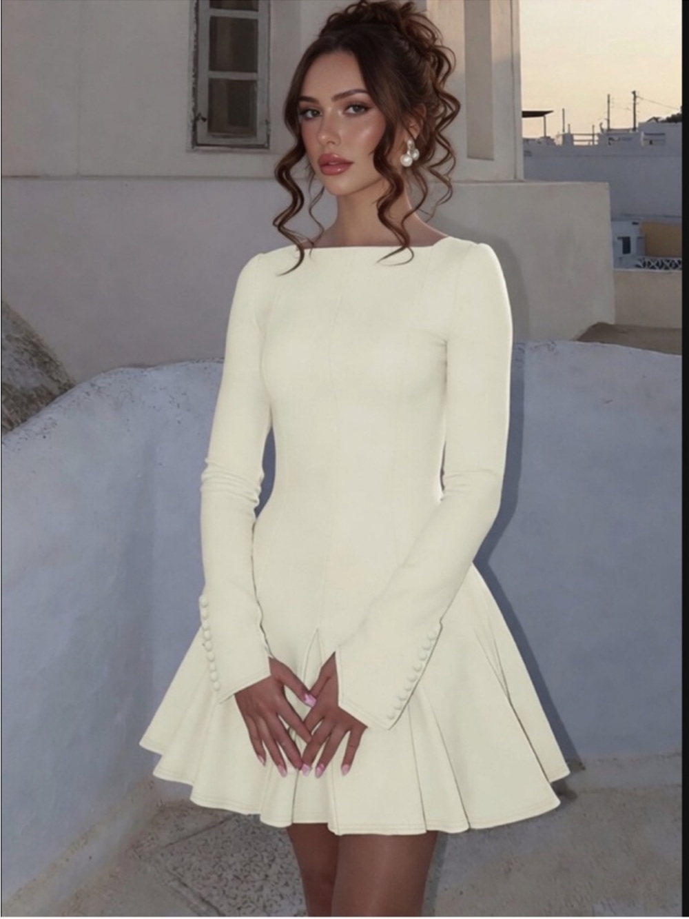 Elegant Ivory Long-Sleeve Fit & Flare Dress